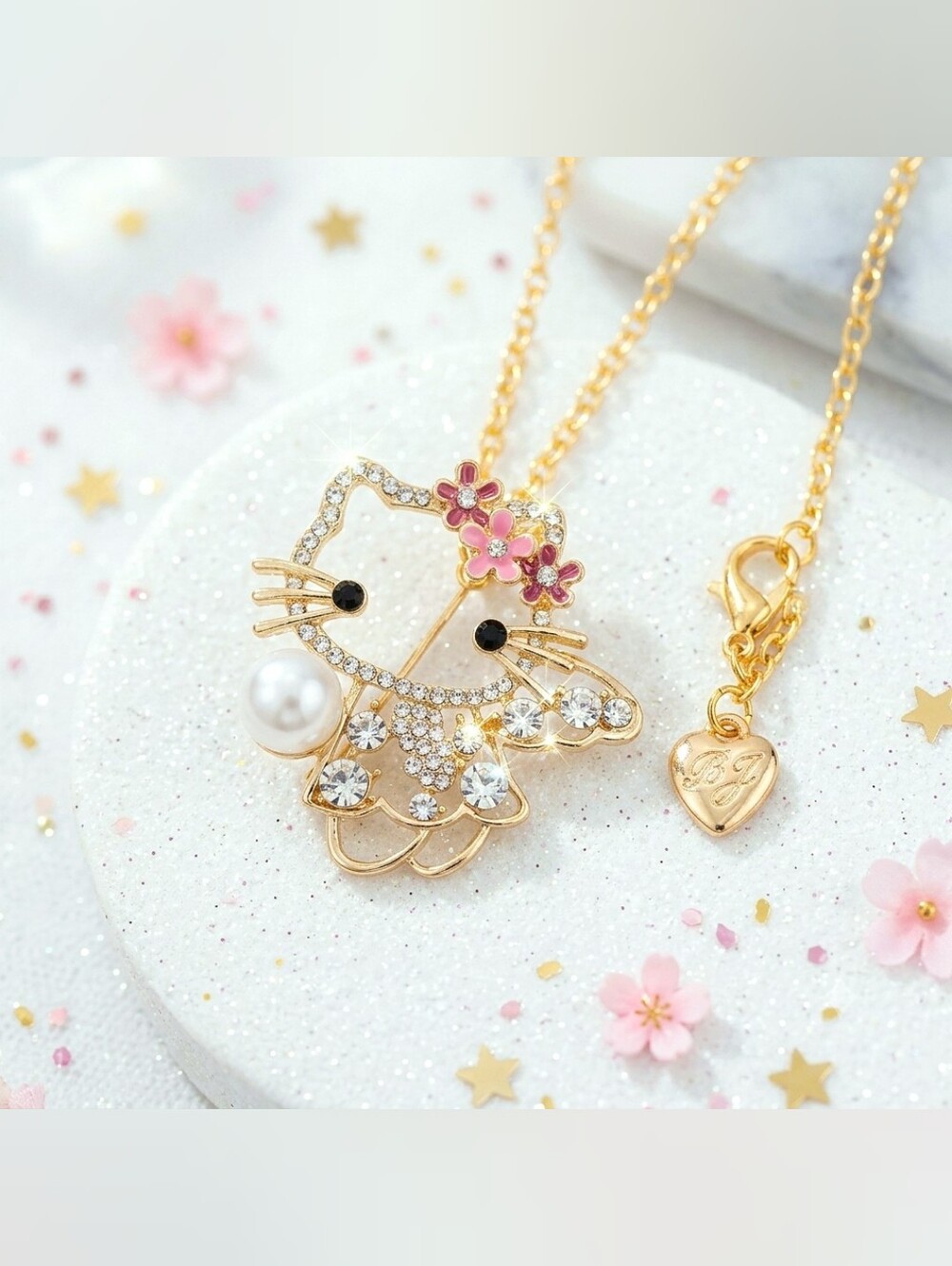 Gold plated pearl pink crystal flower fairy Hello Kitty necklace/brooch